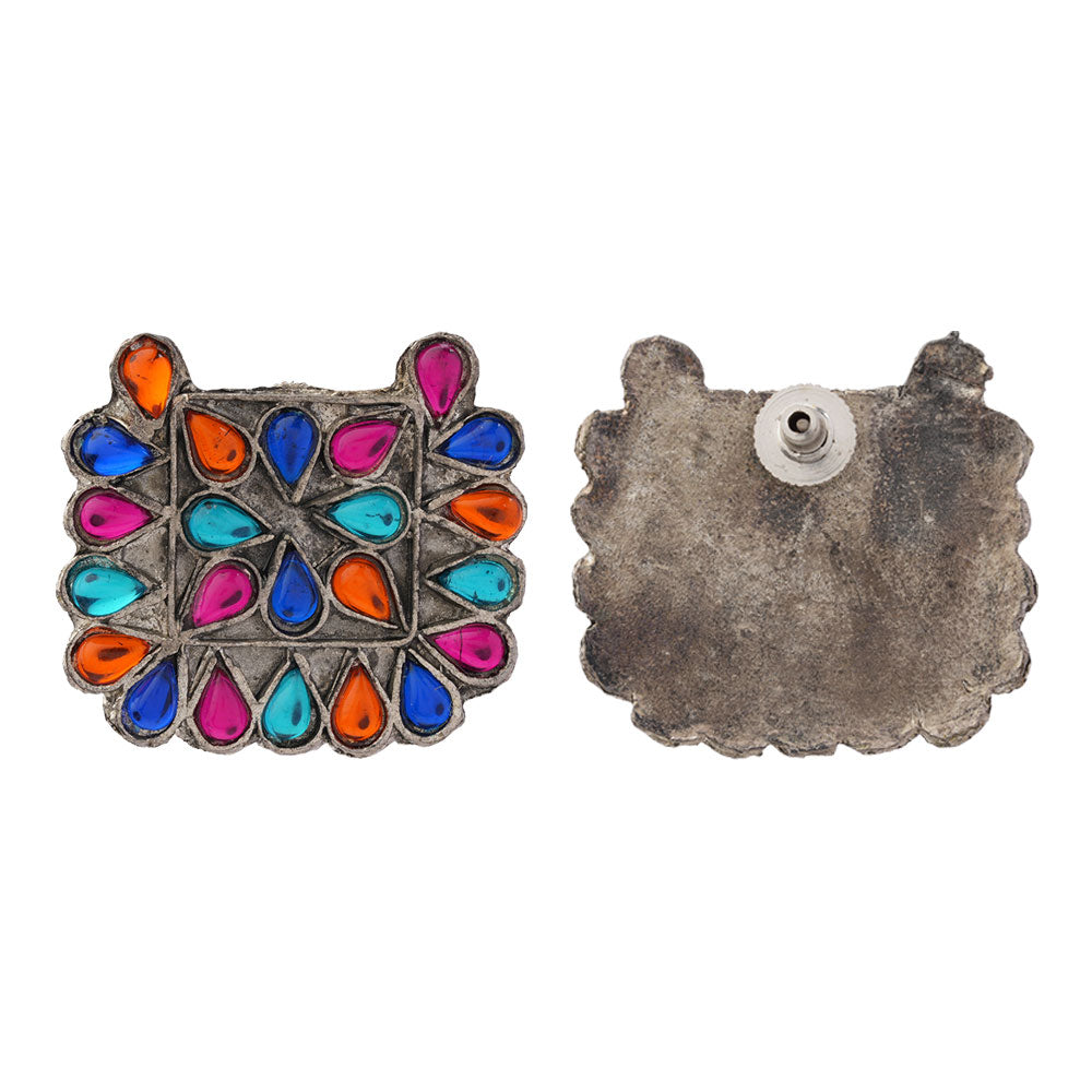 RangTarang- Silver Brass Oxidised Stone-Studded stud earrings