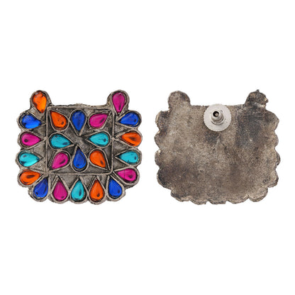 RangTarang- Silver Brass Oxidised Stone-Studded stud earrings