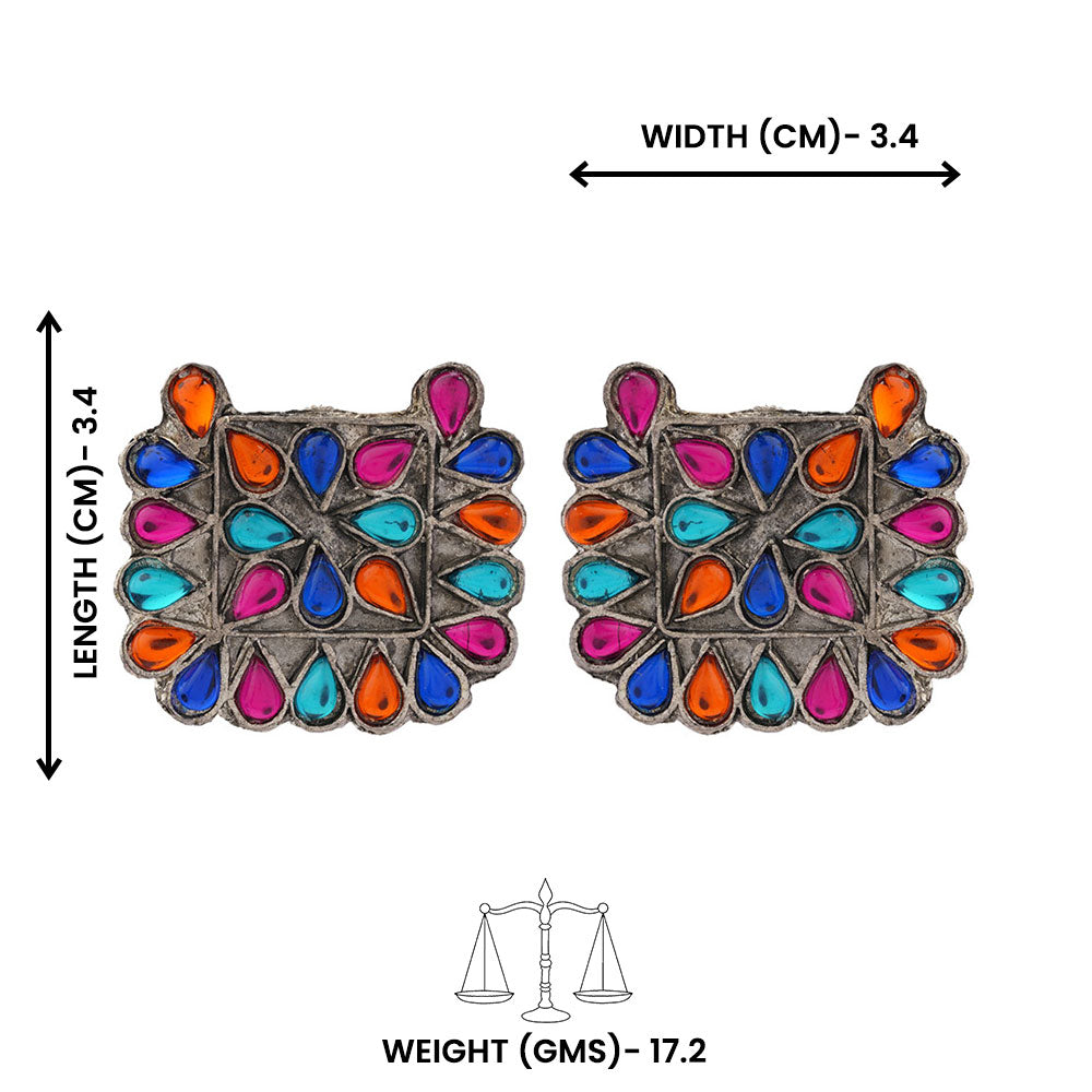 RangTarang- Silver Brass Oxidised Stone-Studded stud earrings