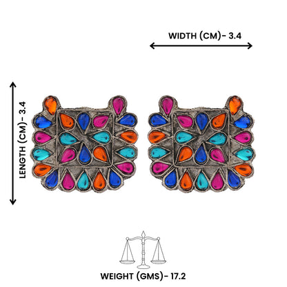 RangTarang- Silver Brass Oxidised Stone-Studded stud earrings