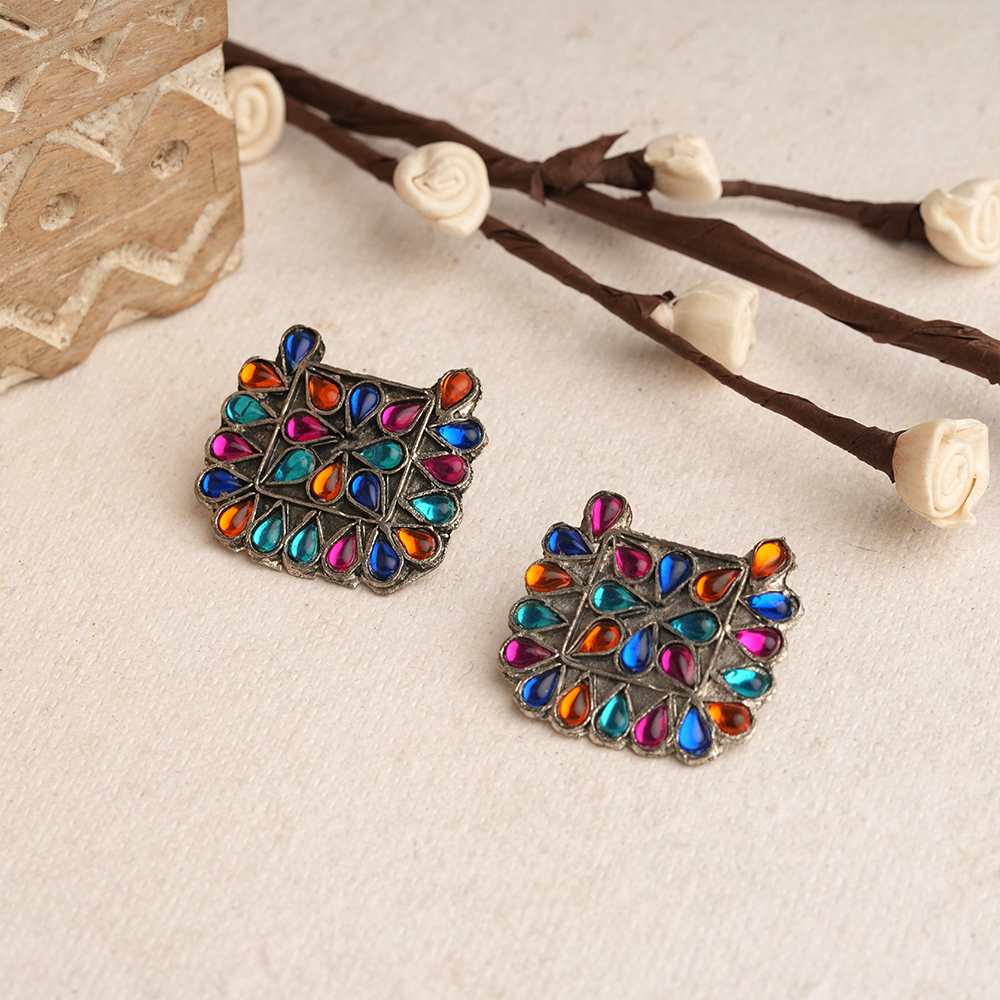 RangTarang- Silver Brass Oxidised Stone-Studded stud earrings