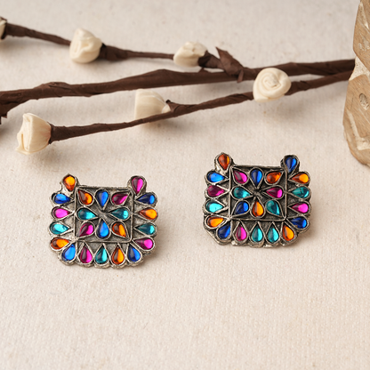 RangTarang- Silver Brass Oxidised Stone-Studded stud earrings