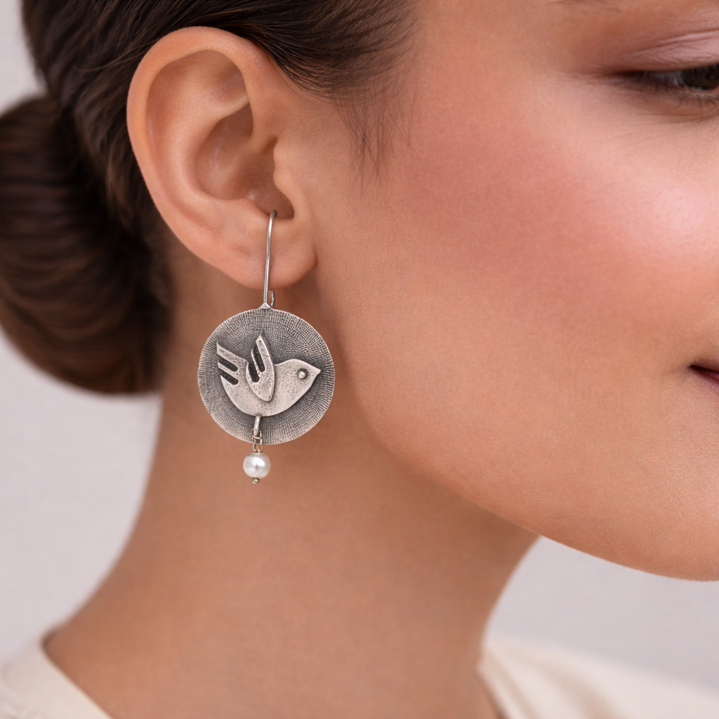 Bulbul- Silver Brass Oxidised Stud Earrings