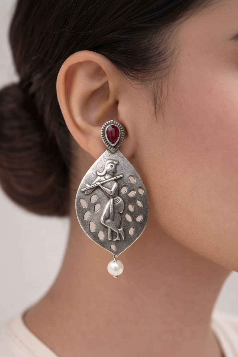 Kanha- Silver Brass Pearl dangler earrings(Red)