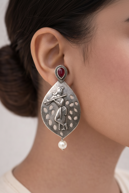 Kanha- Silver Brass Pearl dangler earrings(Red)