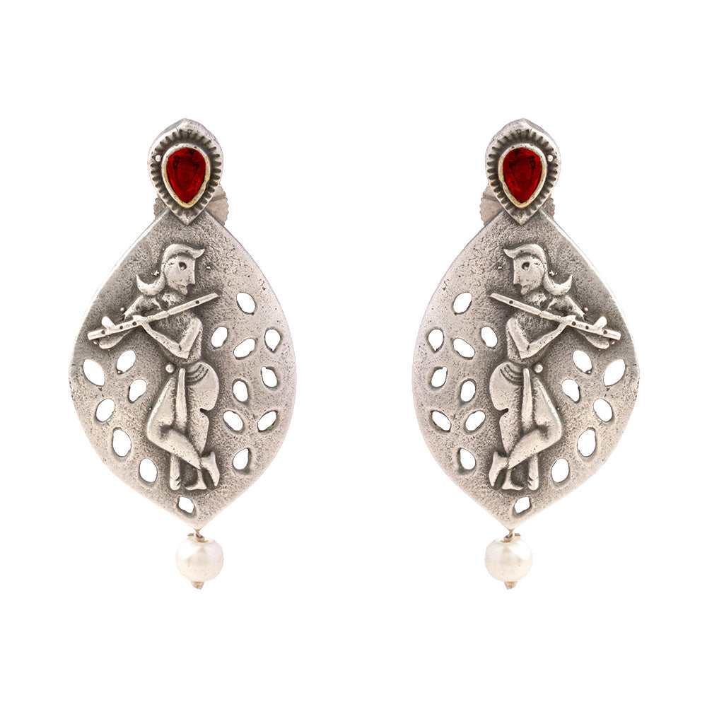 Kanha- Silver Brass Pearl dangler earrings(Red)