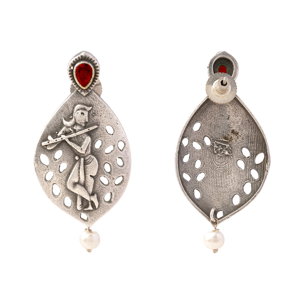 Kanha- Silver Brass Pearl dangler earrings(Red)