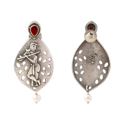 Kanha- Silver Brass Pearl dangler earrings(Red)