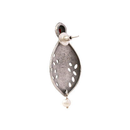 Kanha- Silver Brass Pearl dangler earrings(Red)
