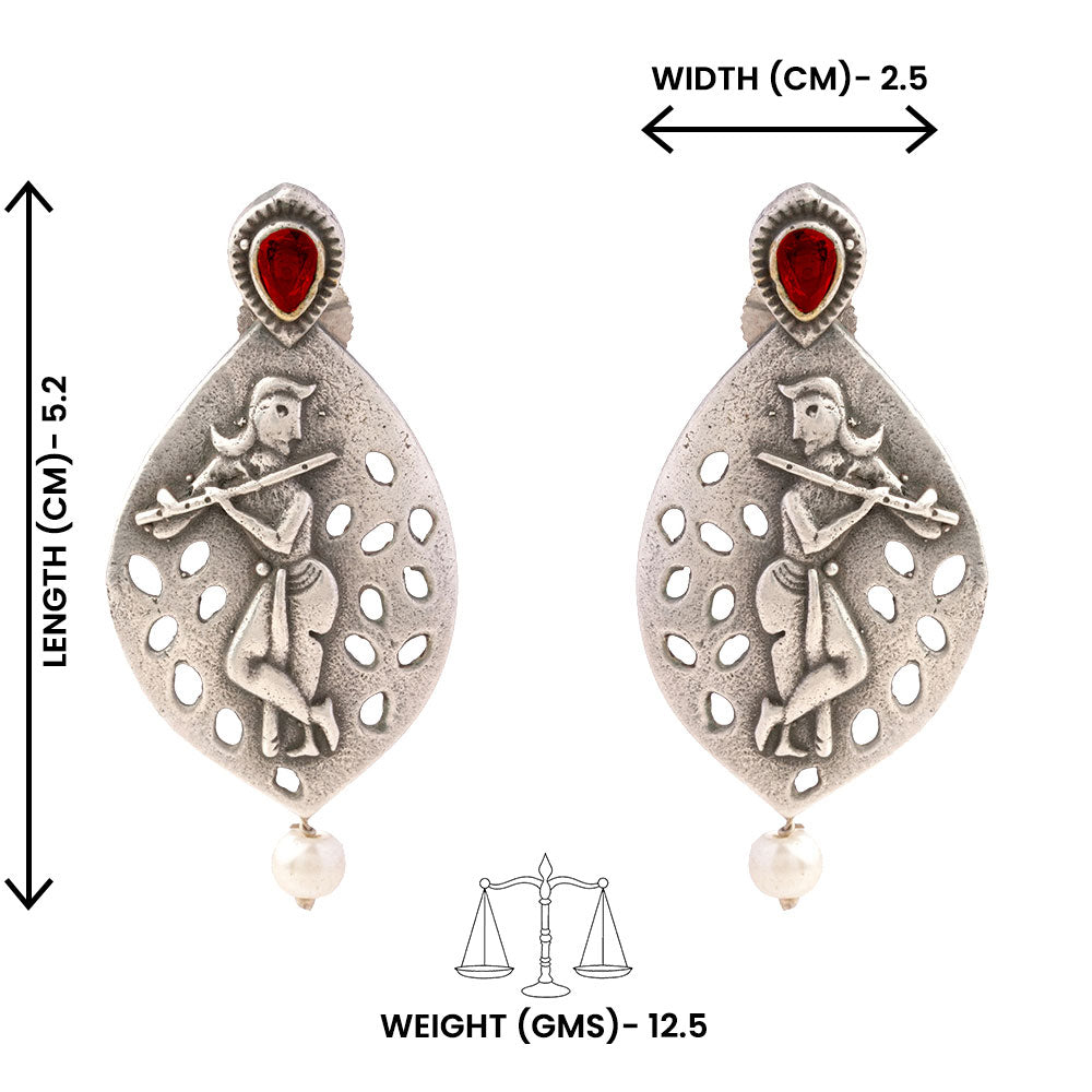 Kanha- Silver Brass Pearl dangler earrings(Red)