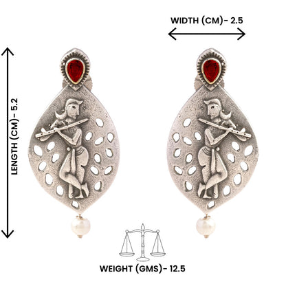 Kanha- Silver Brass Pearl dangler earrings(Red)