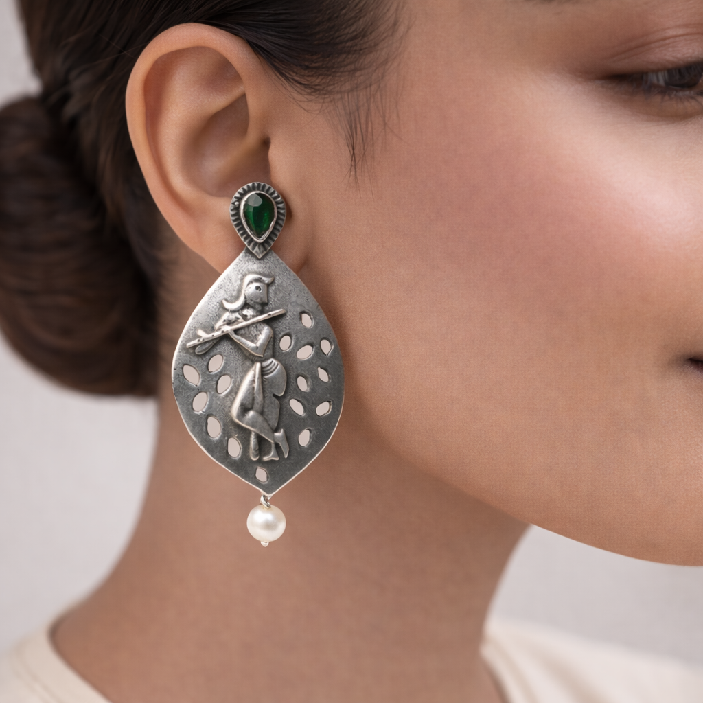 Kanha- Silver Brass Pearl dangler earrings(Green)