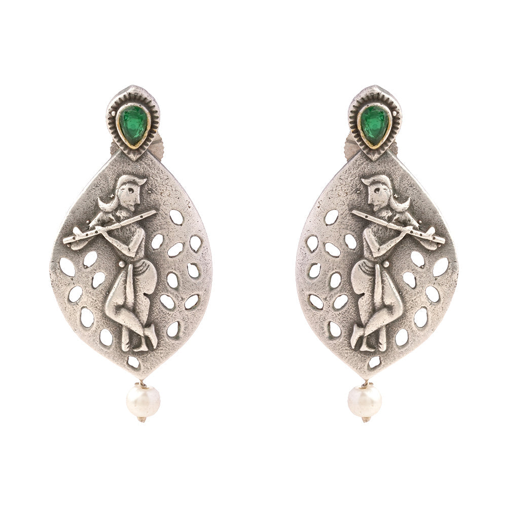 Kanha- Silver Brass Pearl dangler earrings(Green)