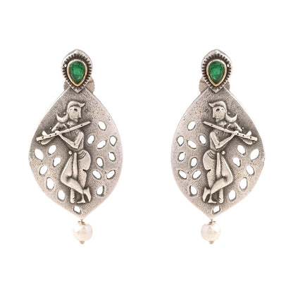 Kanha- Silver Brass Pearl dangler earrings(Green)