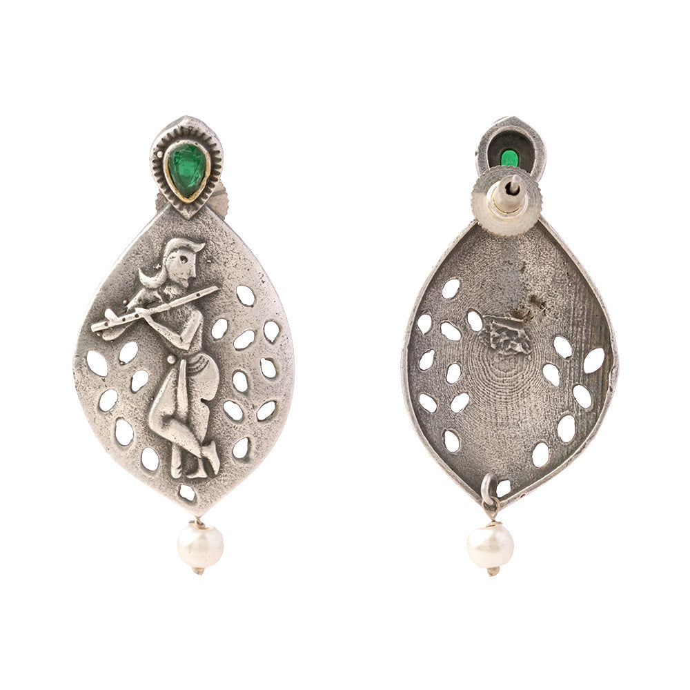Kanha- Silver Brass Pearl dangler earrings(Green)