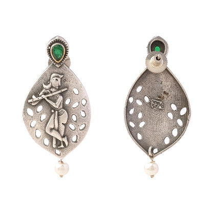 Kanha- Silver Brass Pearl dangler earrings(Green)