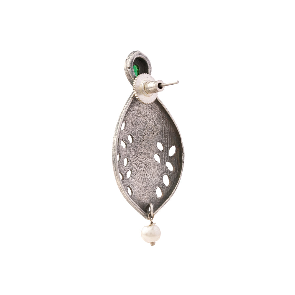 Kanha- Silver Brass Pearl dangler earrings(Green)