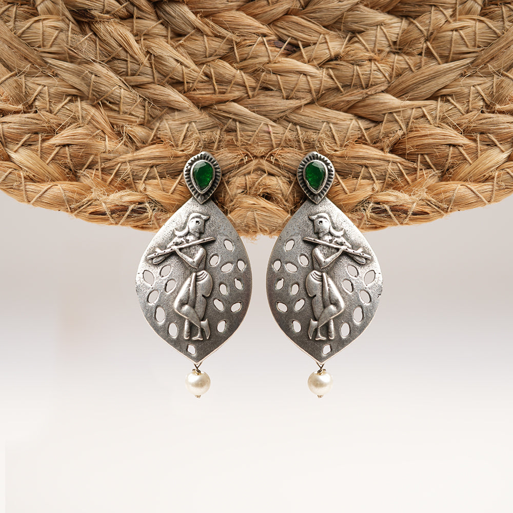 Kanha- Silver Brass Pearl dangler earrings(Green)