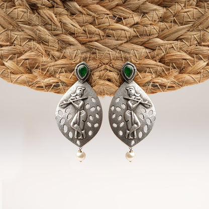 Kanha- Silver Brass Pearl dangler earrings(Green)