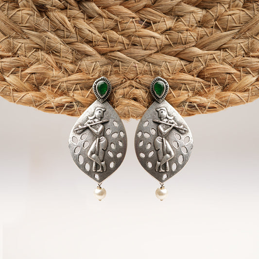 Kanha- Silver Brass Pearl dangler earrings(Green)