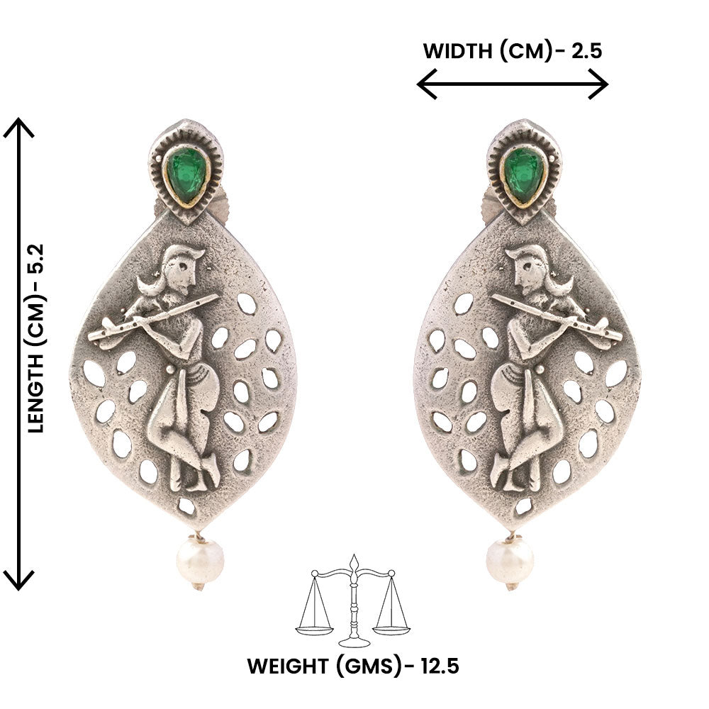 Kanha- Silver Brass Pearl dangler earrings(Green)