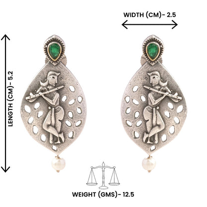 Kanha- Silver Brass Pearl dangler earrings(Green)