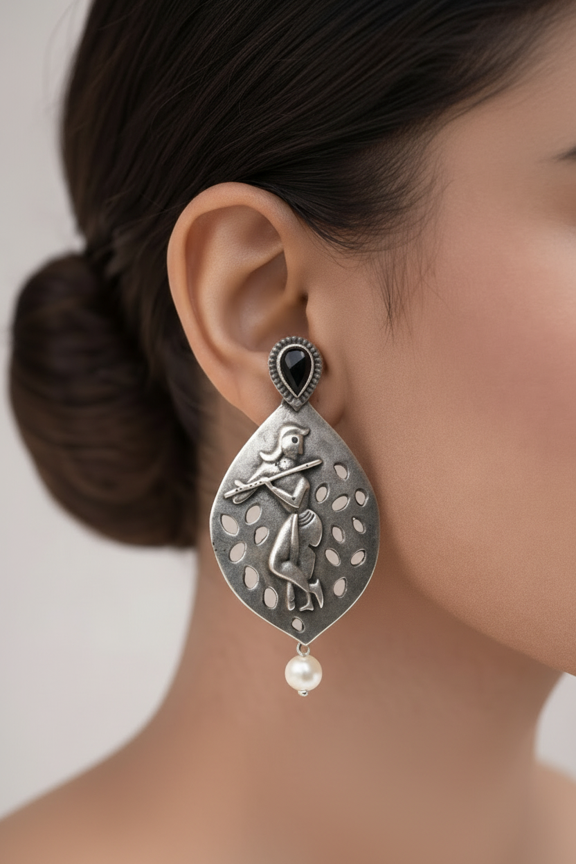 Kanha- Silver Brass Pearl dangler earrings(Black)