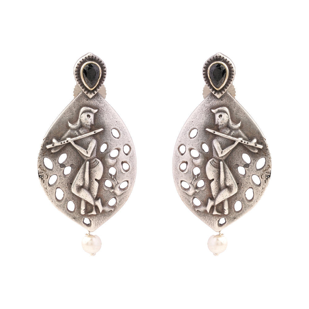 Kanha- Silver Brass Pearl dangler earrings(Black)