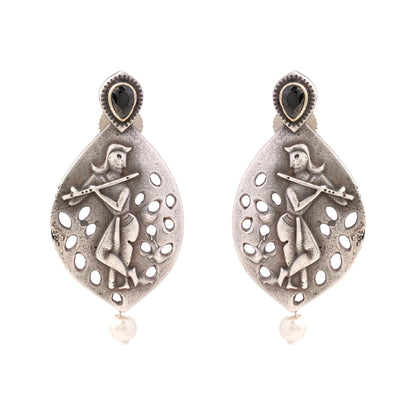 Kanha- Silver Brass Pearl dangler earrings(Black)