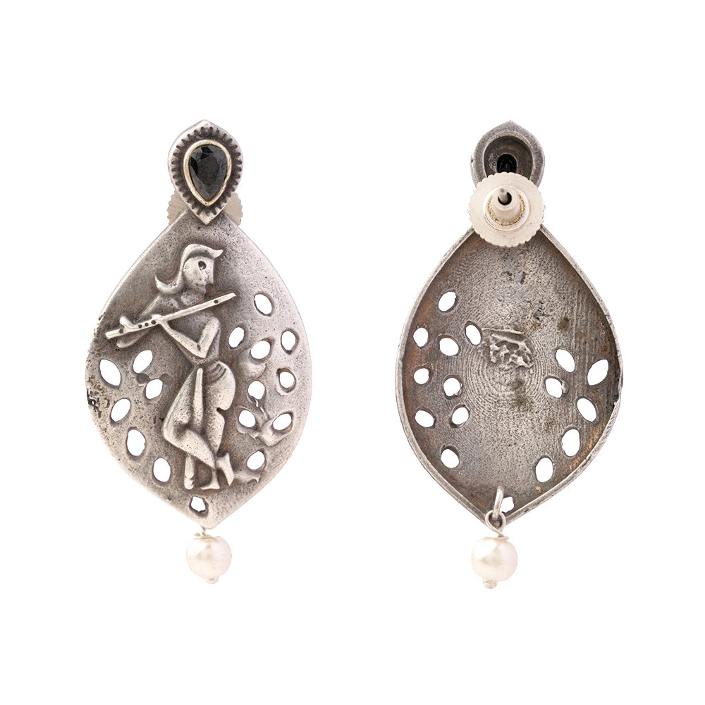 Kanha- Silver Brass Pearl dangler earrings(Black)