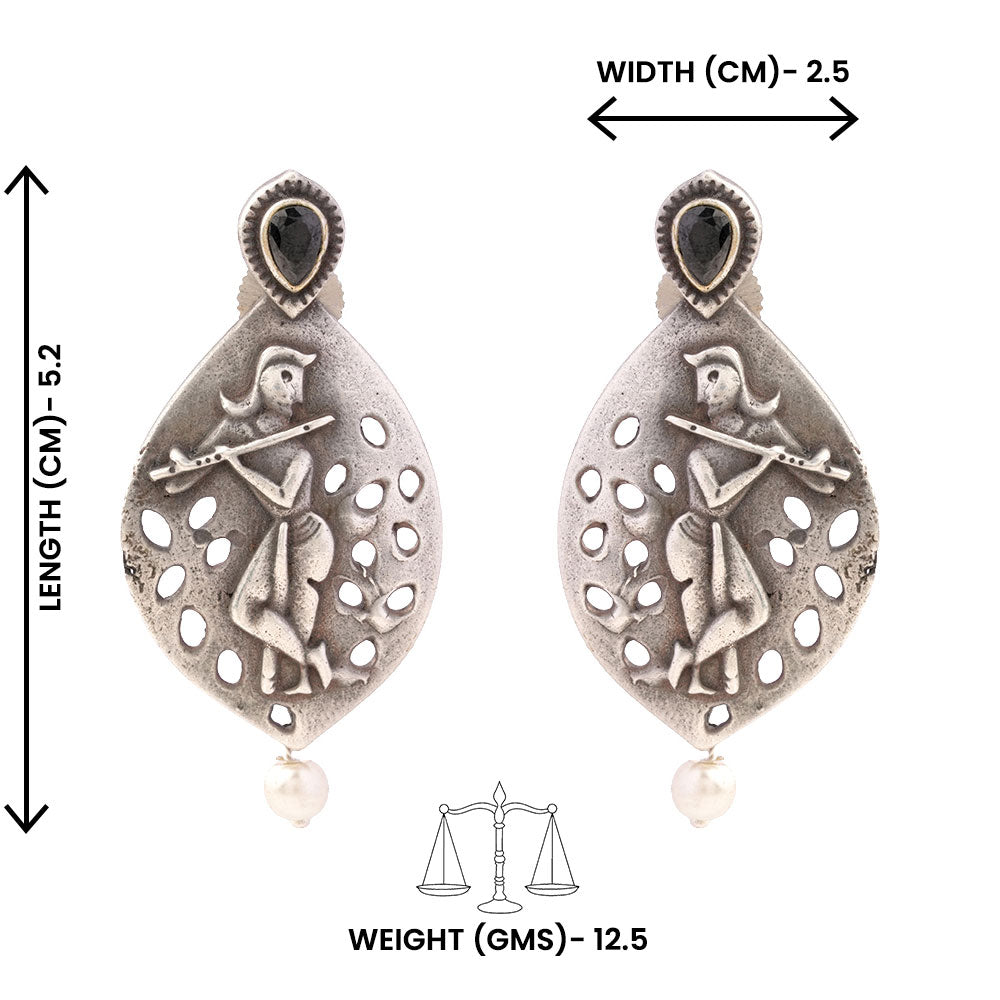Kanha- Silver Brass Pearl dangler earrings(Black)