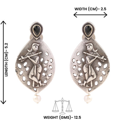 Kanha- Silver Brass Pearl dangler earrings(Black)