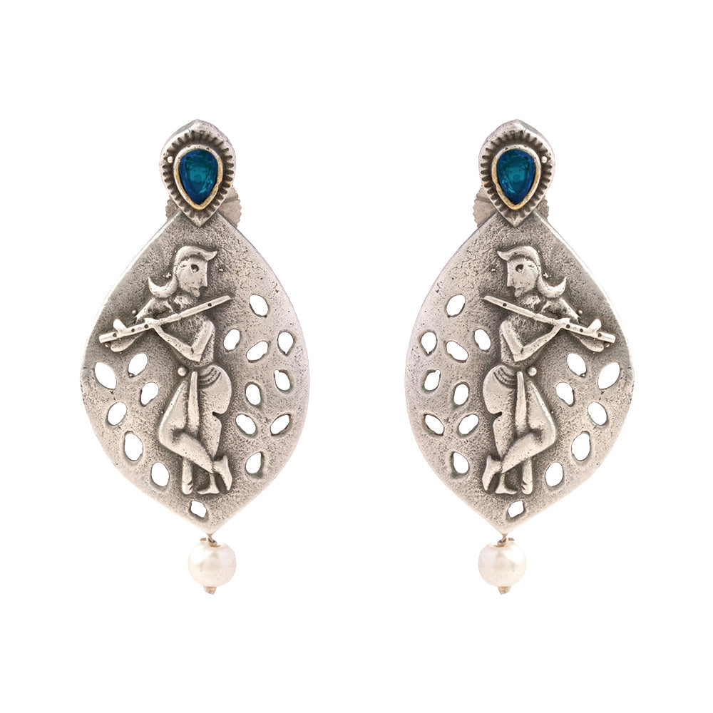 Kanha- Silver Brass Pearl dangler earrings(Blue)
