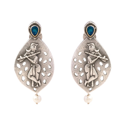 Kanha- Silver Brass Pearl dangler earrings(Blue)