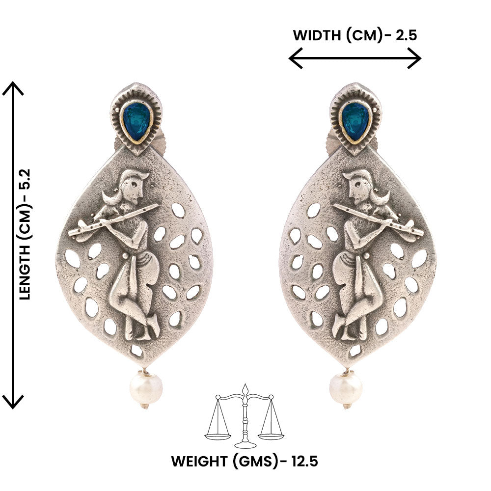 Kanha- Silver Brass Pearl dangler earrings(Blue)