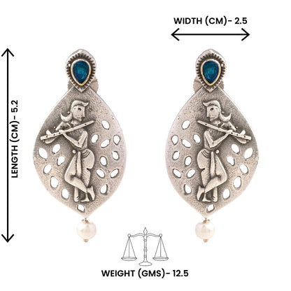 Kanha- Silver Brass Pearl dangler earrings(Blue)