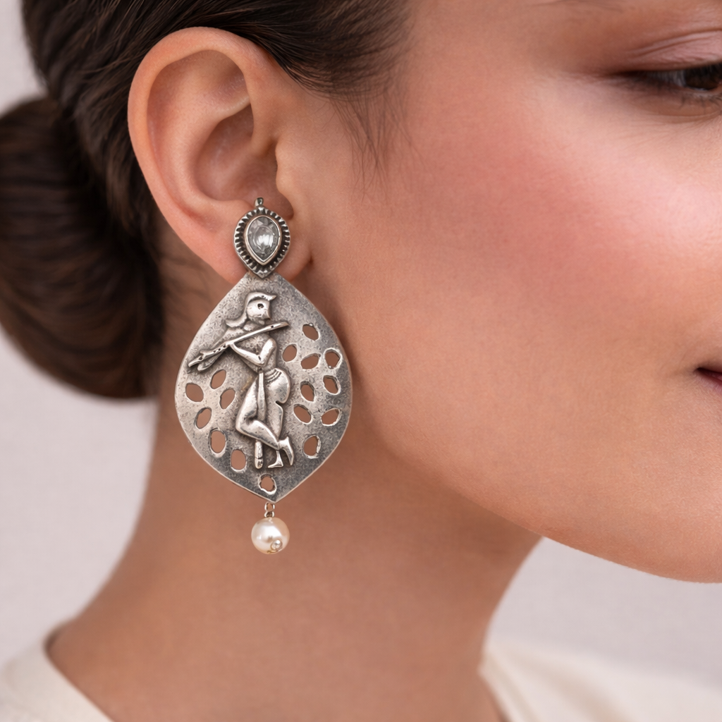 Kanha- Silver Brass Pearl dangler earrings(White)