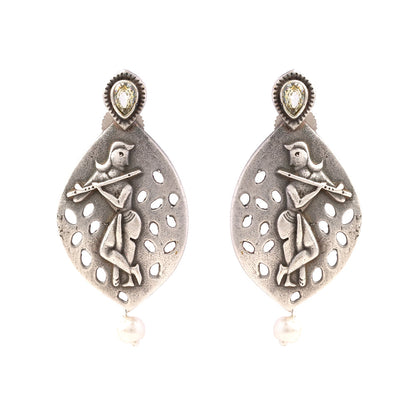 Kanha- Silver Brass Pearl dangler earrings(White)