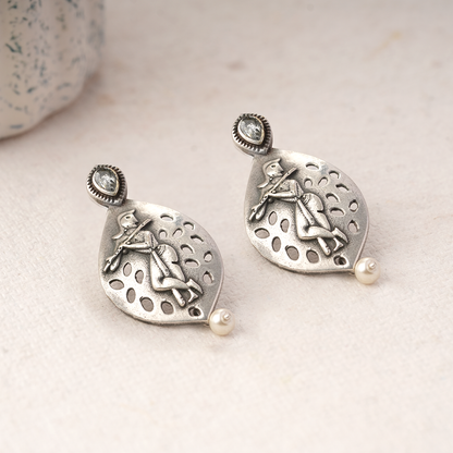 Kanha- Silver Brass Pearl dangler earrings(White)