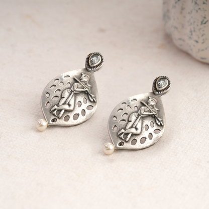 Kanha- Silver Brass Pearl dangler earrings(White)