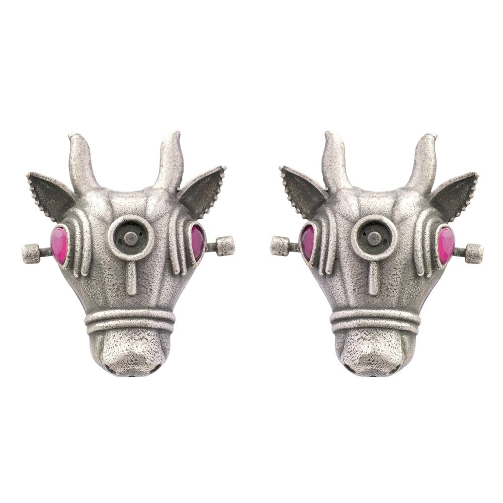 Nandi- Silver oxidised stone studded stud earrings(Red)