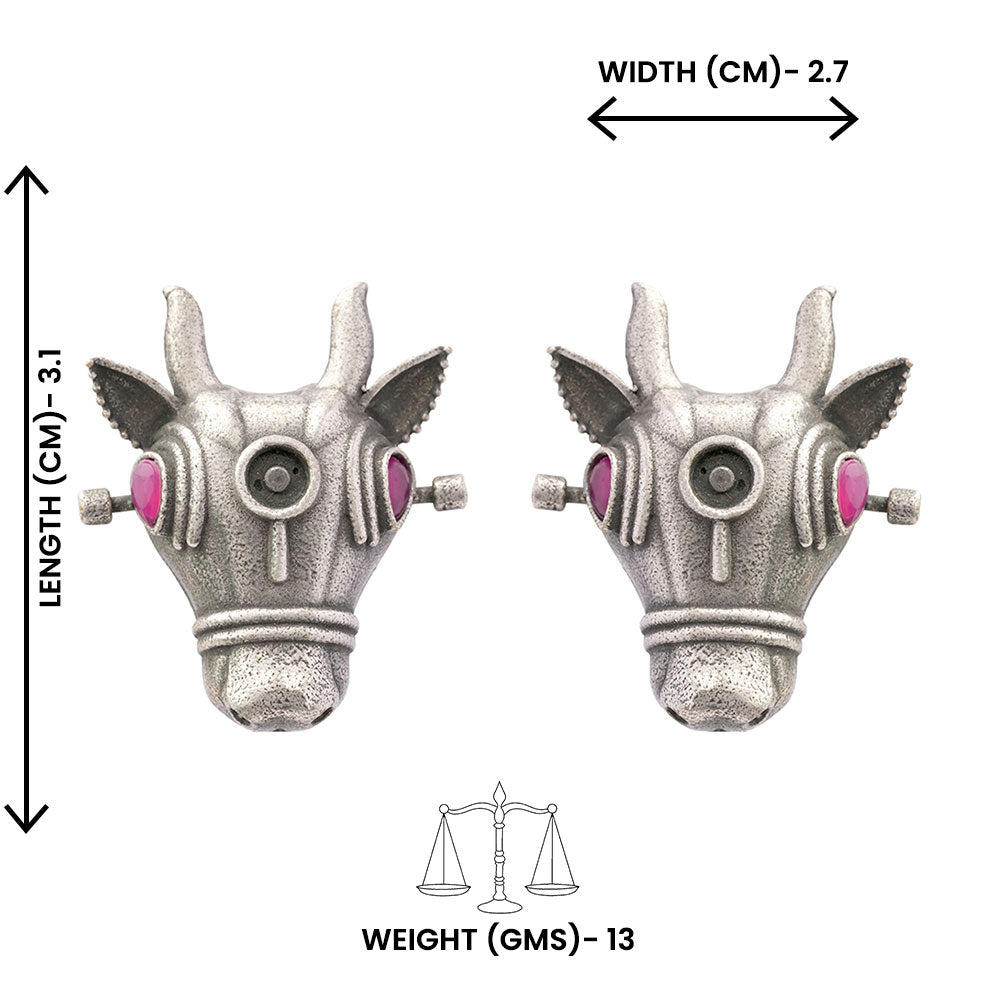 Nandi- Silver oxidised Stone-Studded stud earrings(Red)