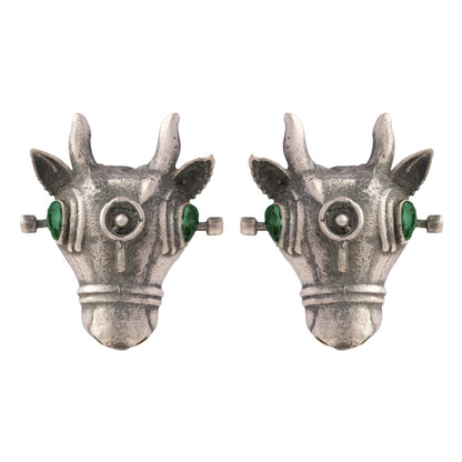 Nandi- Silver oxidised Stone-Studded stud earrings(Green)