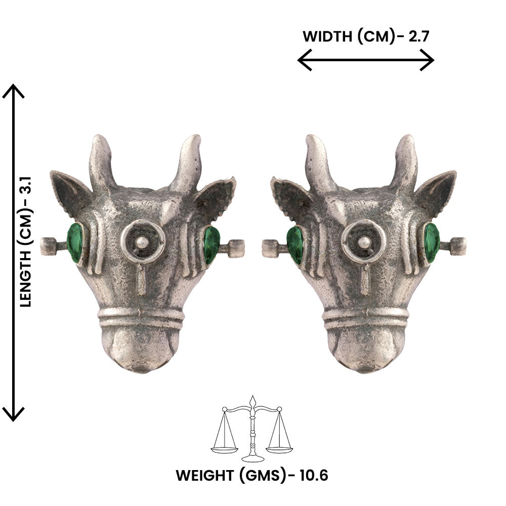 Nandi- Silver oxidised Stone-Studded stud earrings(Green)