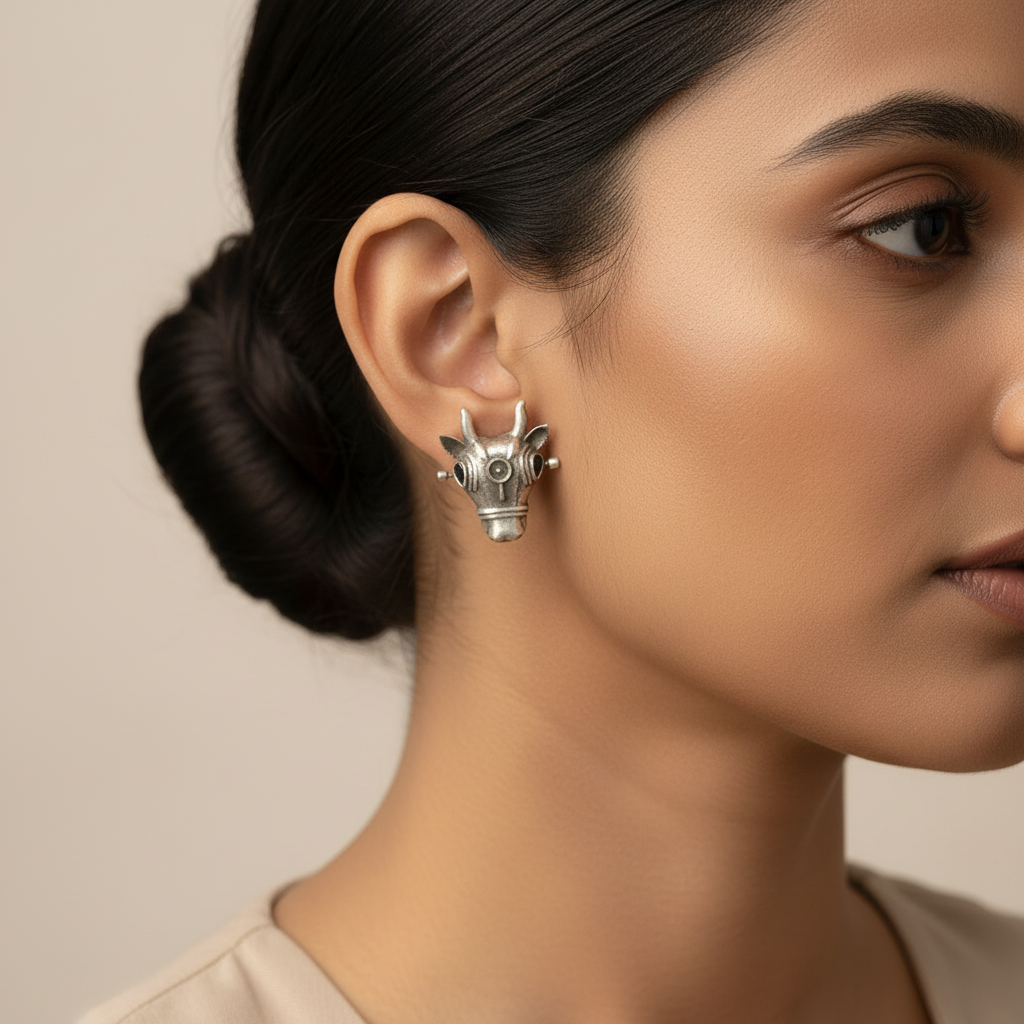 Nandi- Silver oxidised Stone-Studded stud earrings(Black)