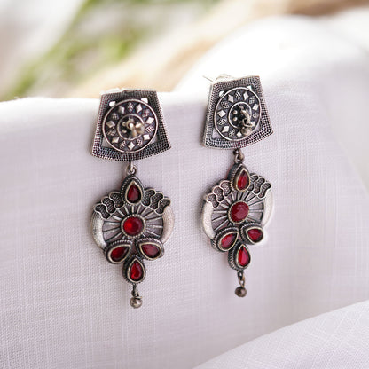 Gulbahar-Silver Brass Oxidised dangler earrings(Red)