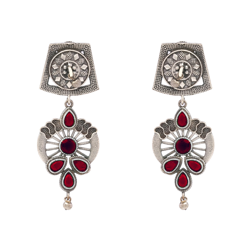 Gulbahar-Silver Brass Oxidised dangler earrings(Red)