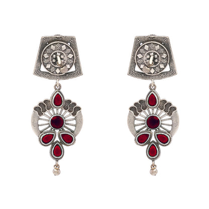Gulbahar-Silver Brass Oxidised dangler earrings(Red)