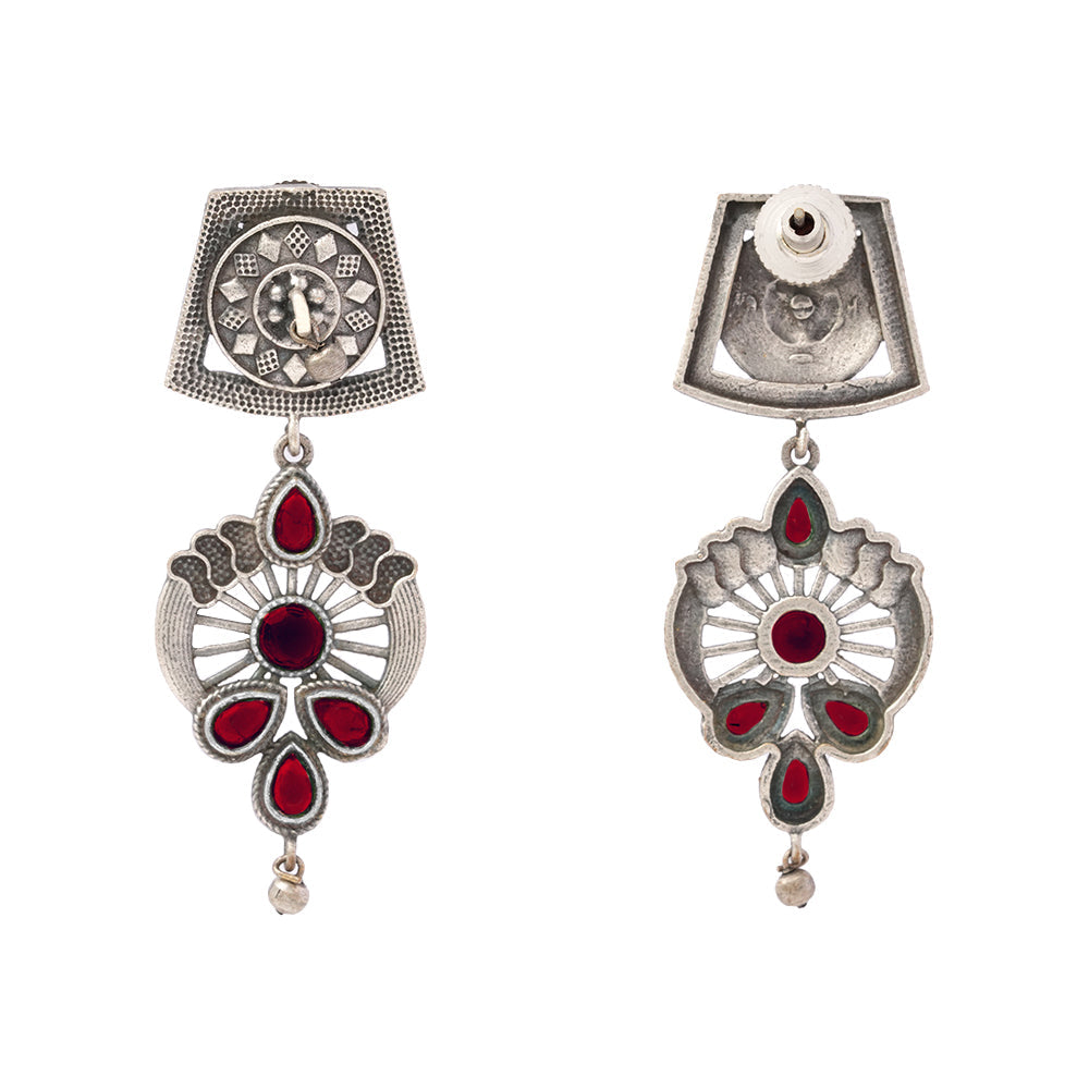 Gulbahar-Silver Brass Oxidised dangler earrings(Red)