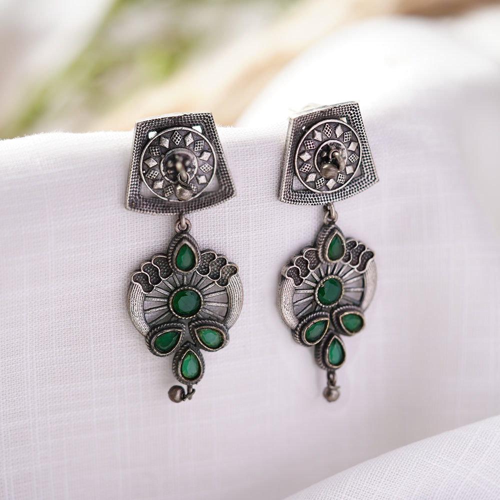 Gulbahar-Silver Brass Oxidised dangler earrings(Green)
